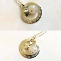 Dije ruso Meli+ 1 mini perla + corazón liso +grabado de ambos lados + cadena rolo fina  plata 925